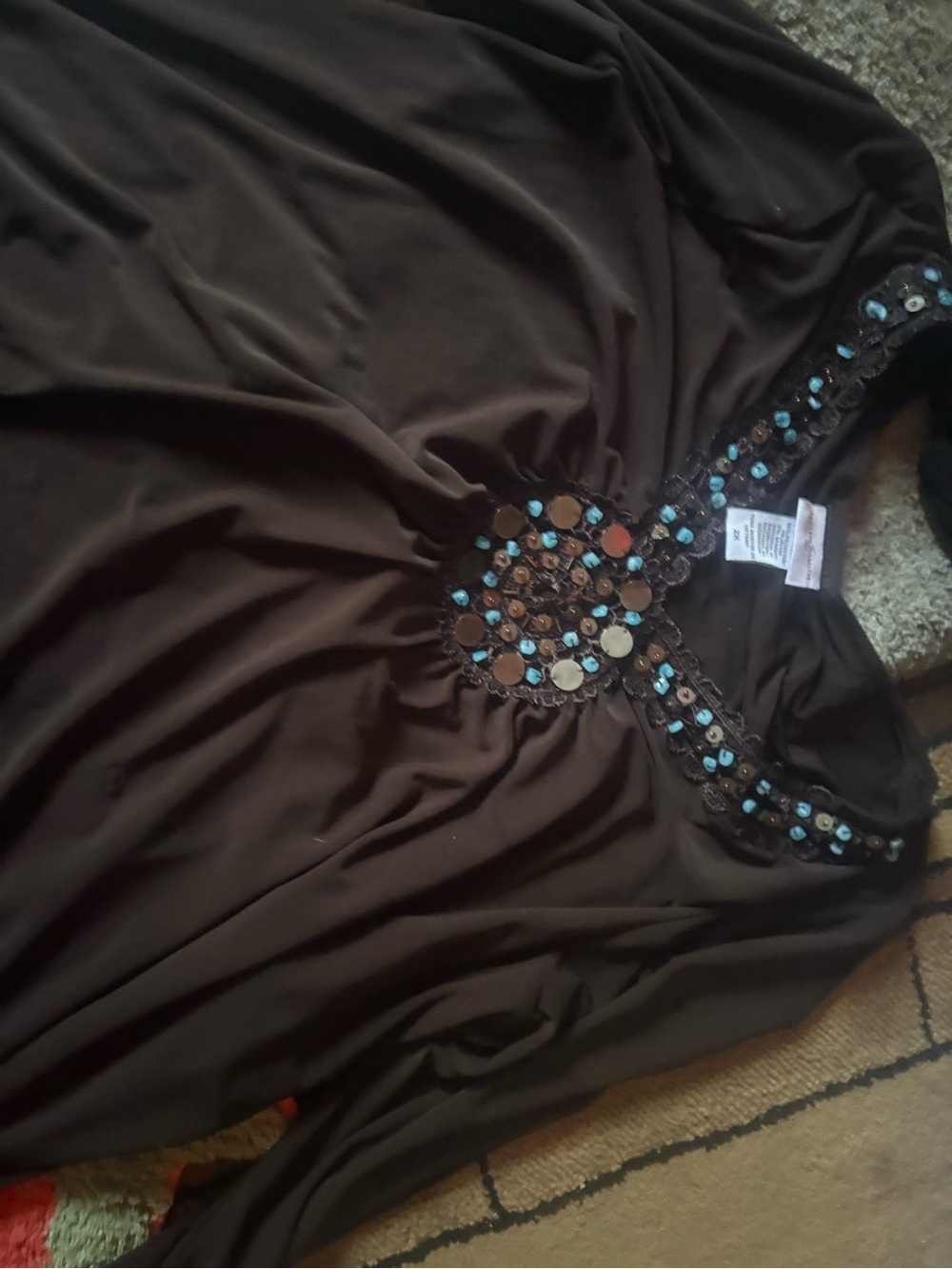 Women’s Brown Long Sleeve Dress with Beaded Mirror Embellishment